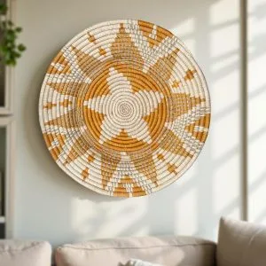 Handwoven African Raffia Basket Plate Mat for Wall Hanging Decor in Orange and Natural - 3 Sizes