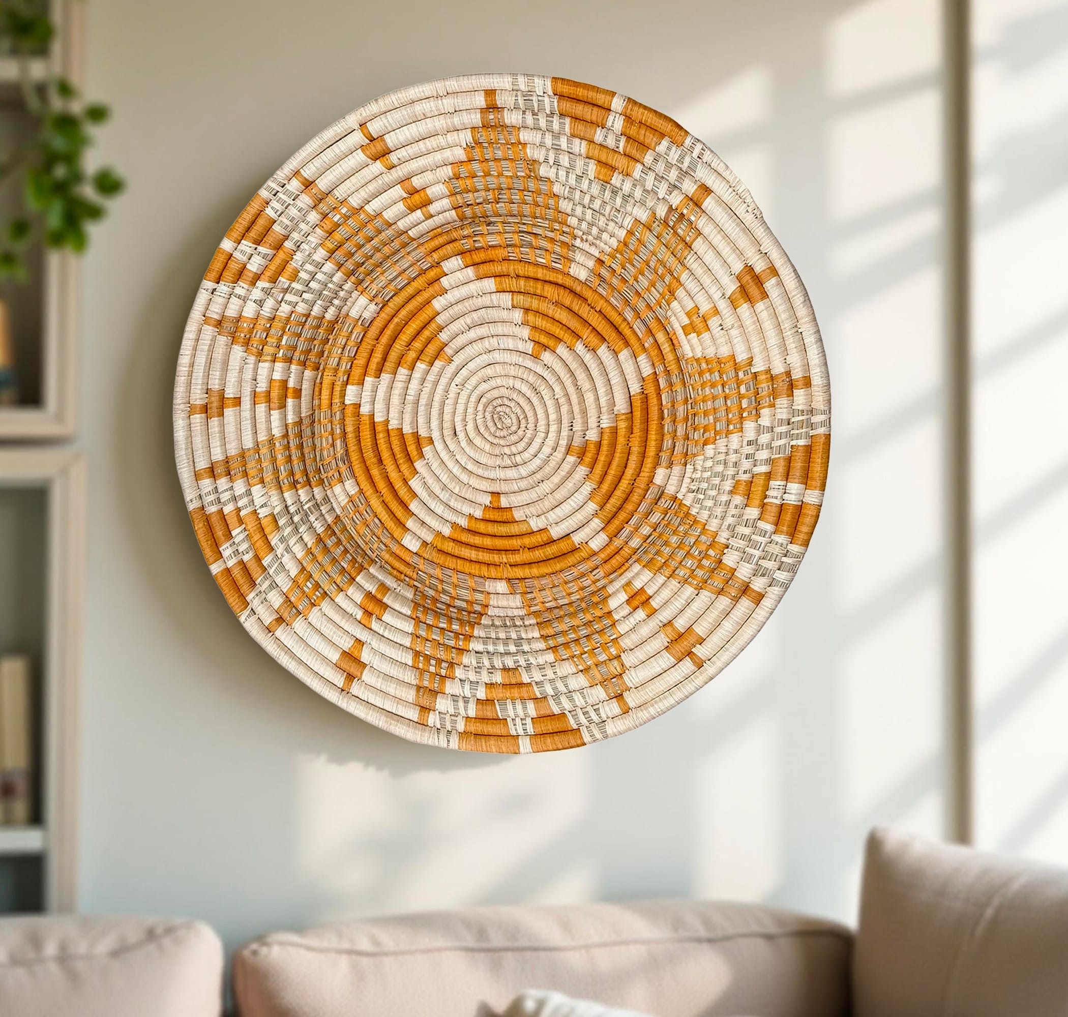 Handwoven African Raffia Basket Plate Mat for Wall Hanging Decor in Orange and Natural - 3 Sizes