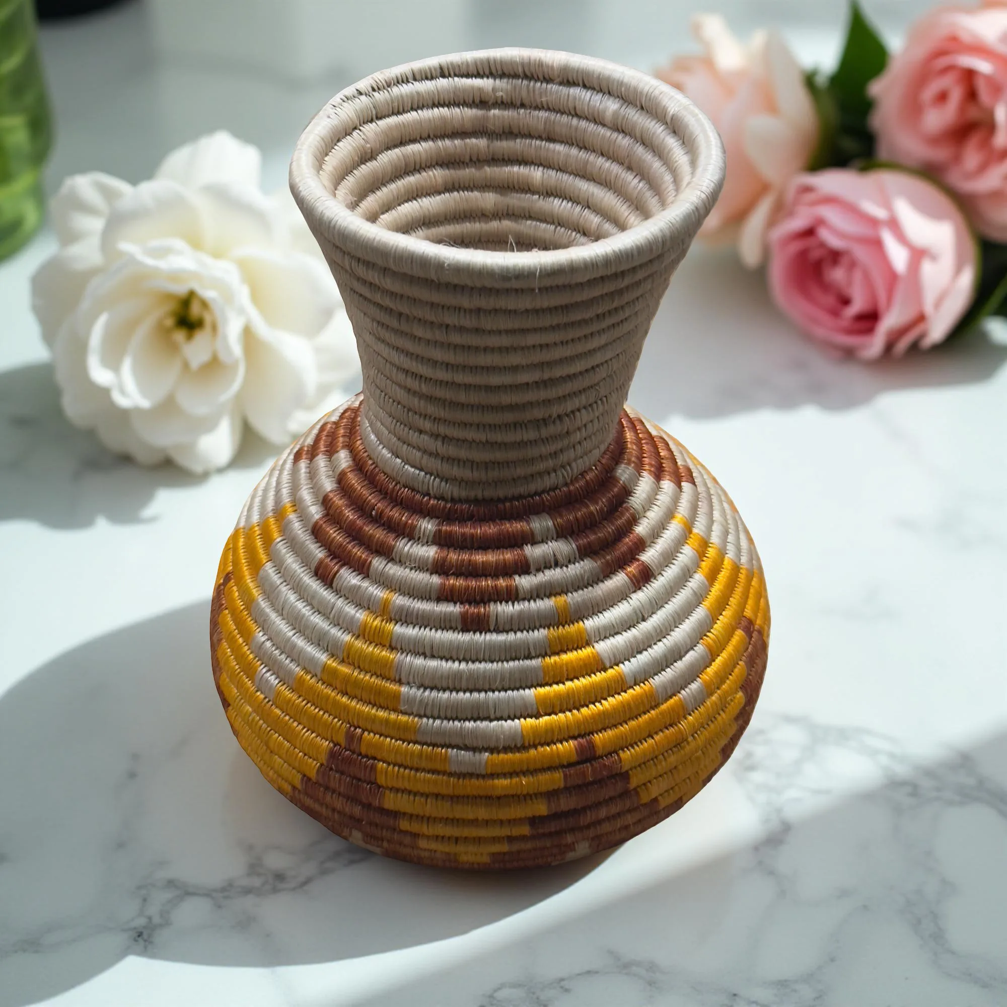 Handmade Sisal Basket Vase in Light Brown, Yellow, Natural with Floral Design - Image 3