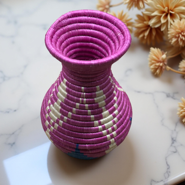 Handmade Sisal Basket Vase in Purple, Blue with White Accent - Image 3