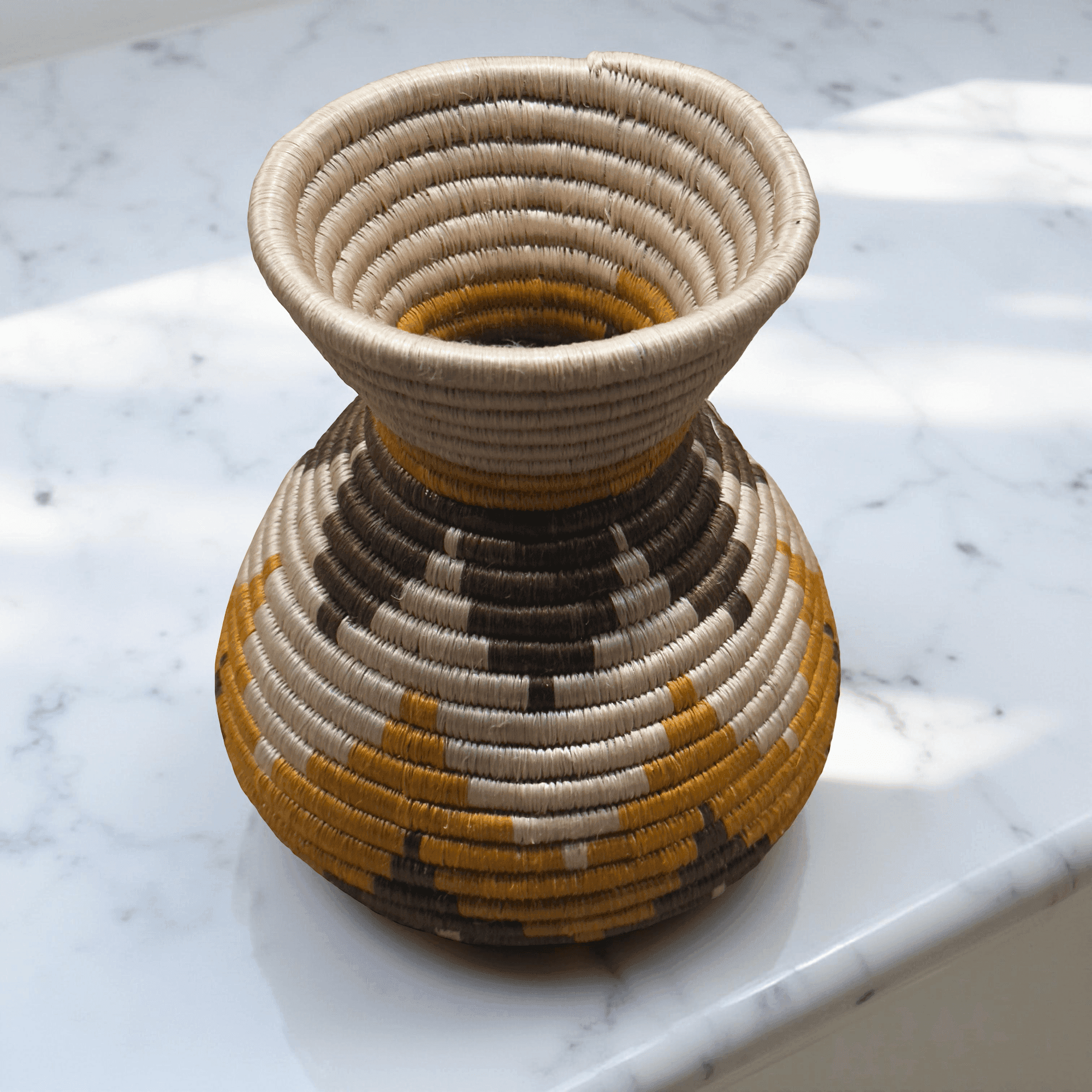 Handmade Sisal Basket Vases in Tan, Yellow, Brown with Wavy Floral Design - Image 2