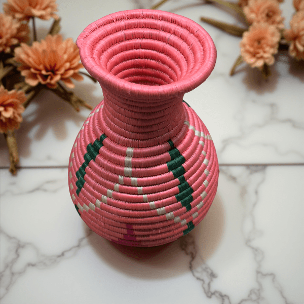 Handmade Sisal Basket Vases in Pink, Green with White Accent - Image 3