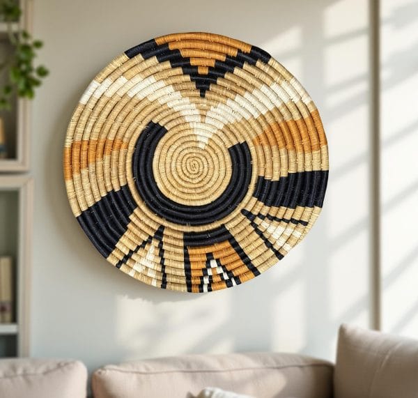 Handwoven Raffia Wall Plate Basket Biege, Orange: Unique Basket for Wall or Living room Centerpiece