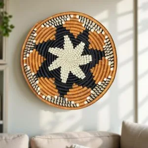 Orange, Black Handwoven, African Raffia Plate Mat Basket in 18, 16, 14 Inches Diameter