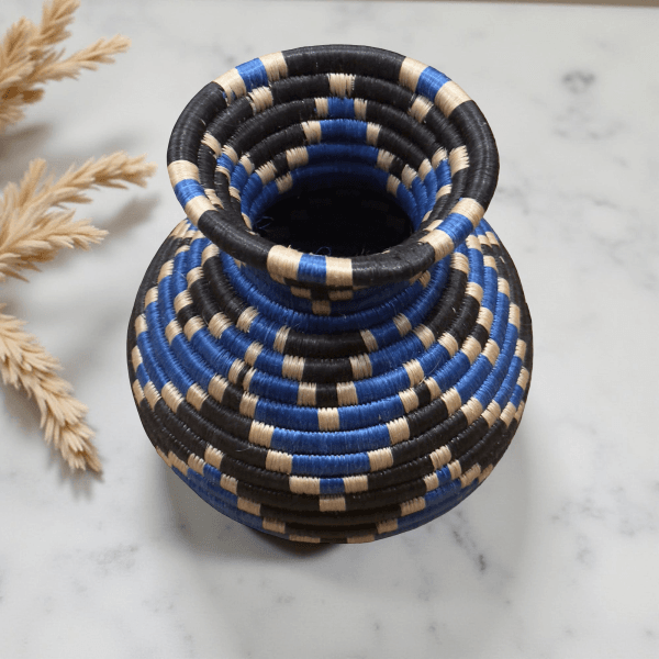Handmade Sisal Basket Vases in Blue,Black with Tan Accent and Wavy Design - Image 3
