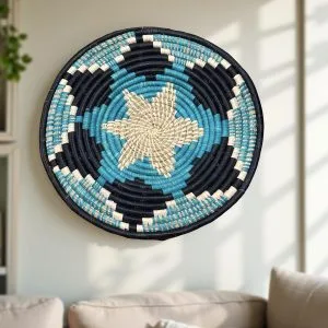 Handwoven Raffia Wall Plate Mat in Blue, Black Plate Mat - 18,16,14 Inches Diameter