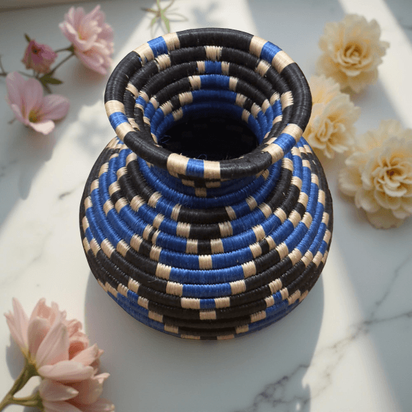 Handmade Sisal Basket Vases in Blue,Black with Tan Accent and Wavy Design