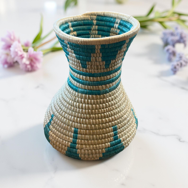 Handwoven Sisal Basket Vase in Teal and Natural Green Color with Geometric Design