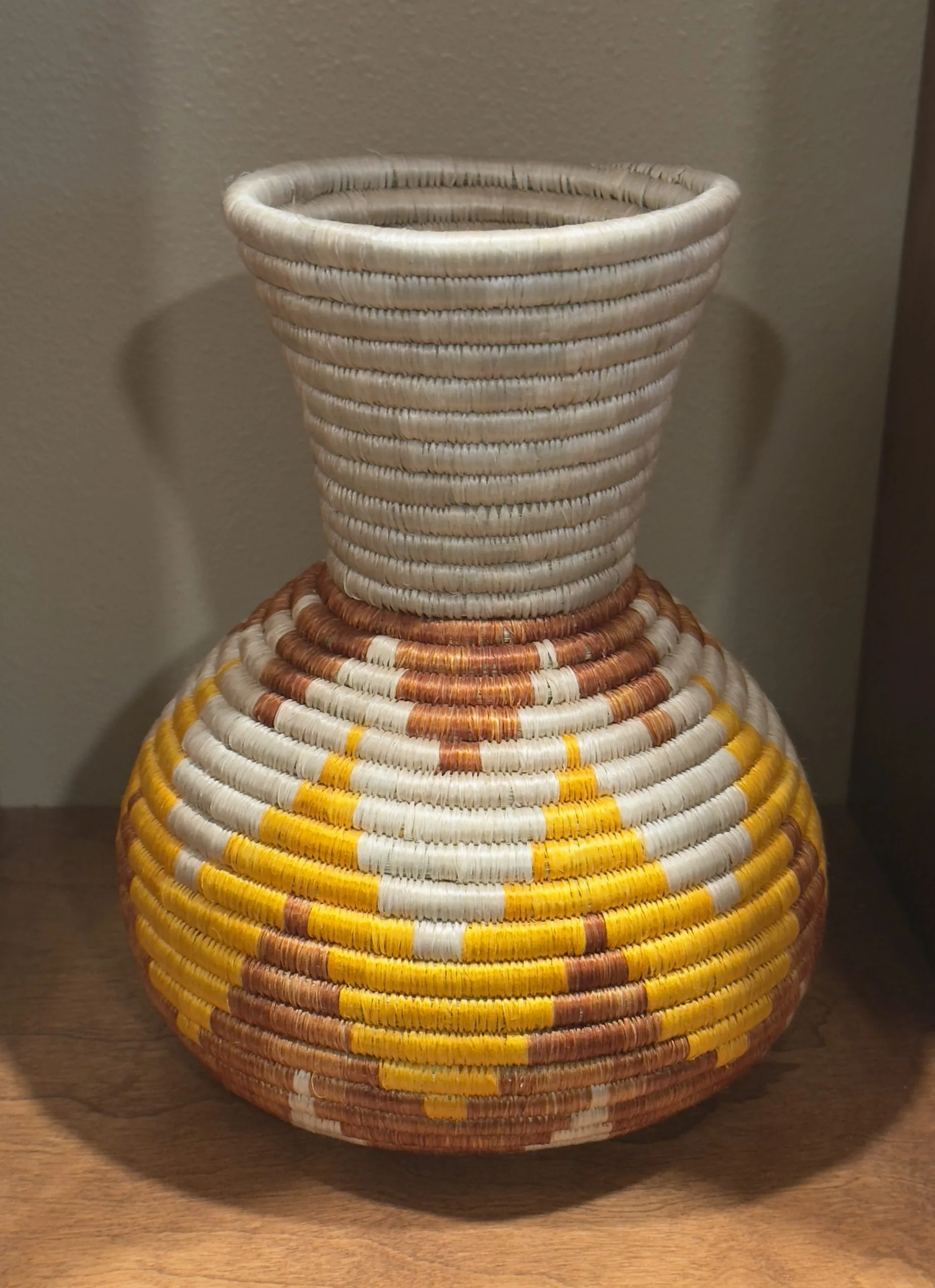 Handmade Sisal Basket Vase in Light Brown, Yellow, Natural with Floral Design - Image 4
