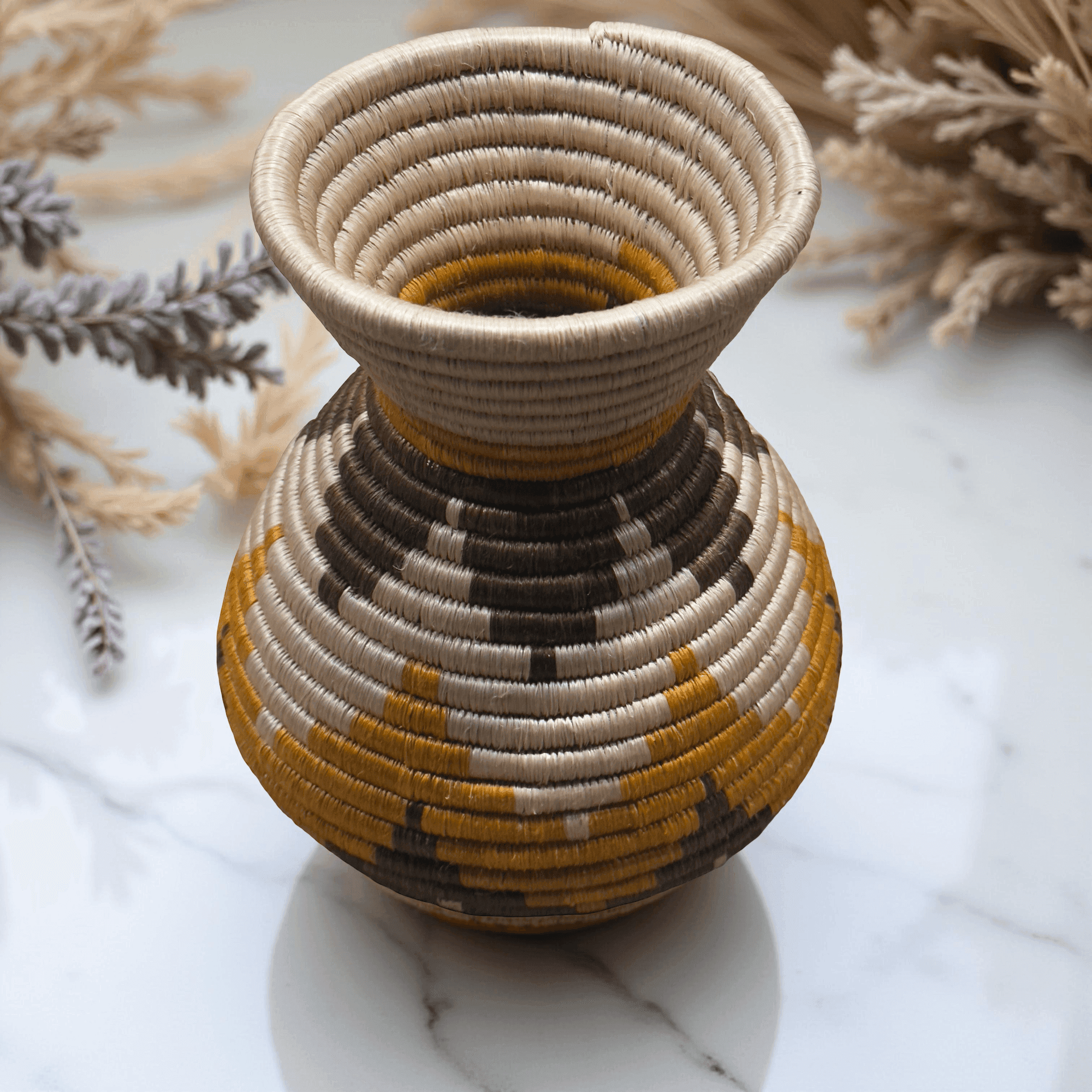 Handmade Sisal Basket Vases in Tan, Yellow, Brown with Wavy Floral Design