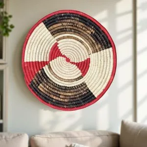 Red, Brown Handwoven Raffia Plate Mat Baske in 18, 16, 14 Inches Diameter