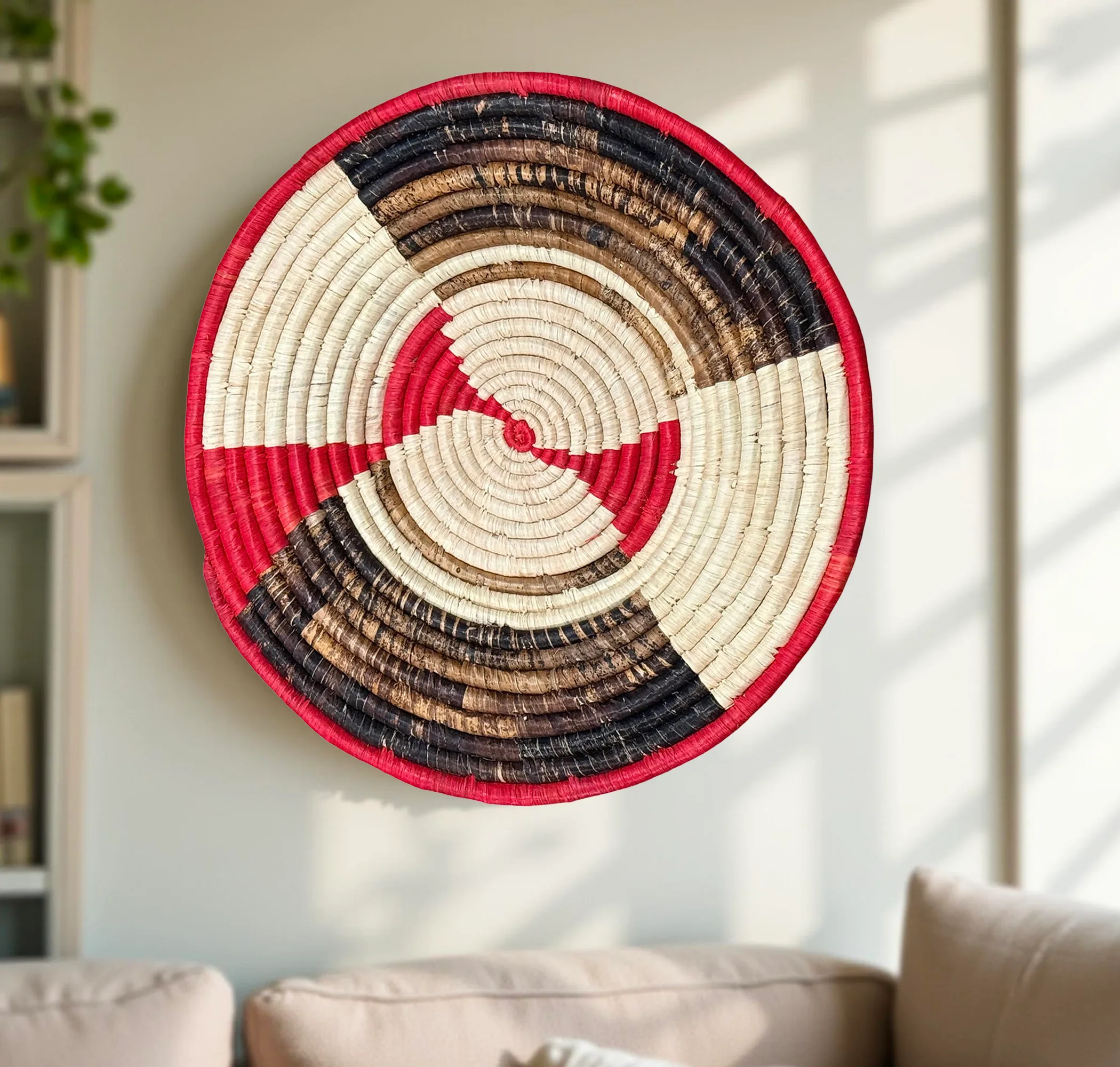 Red, Brown Handwoven Raffia Plate Mat Baske in 18, 16, 14 Inches Diameter