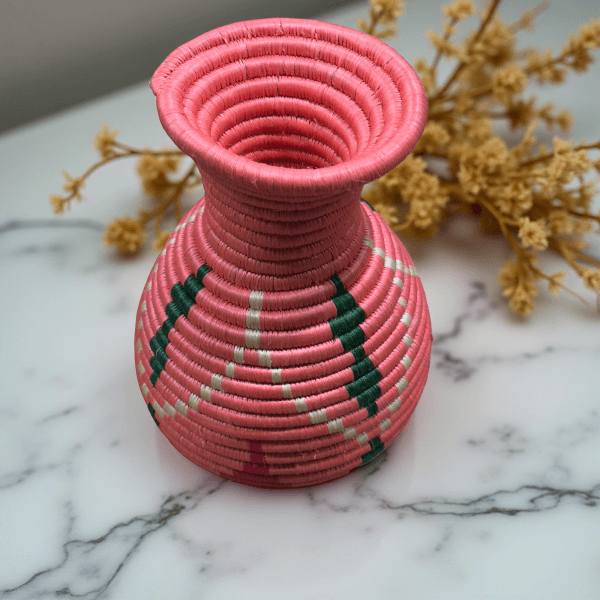 Handmade Sisal Basket Vases in Pink, Green with White Accent - Image 7