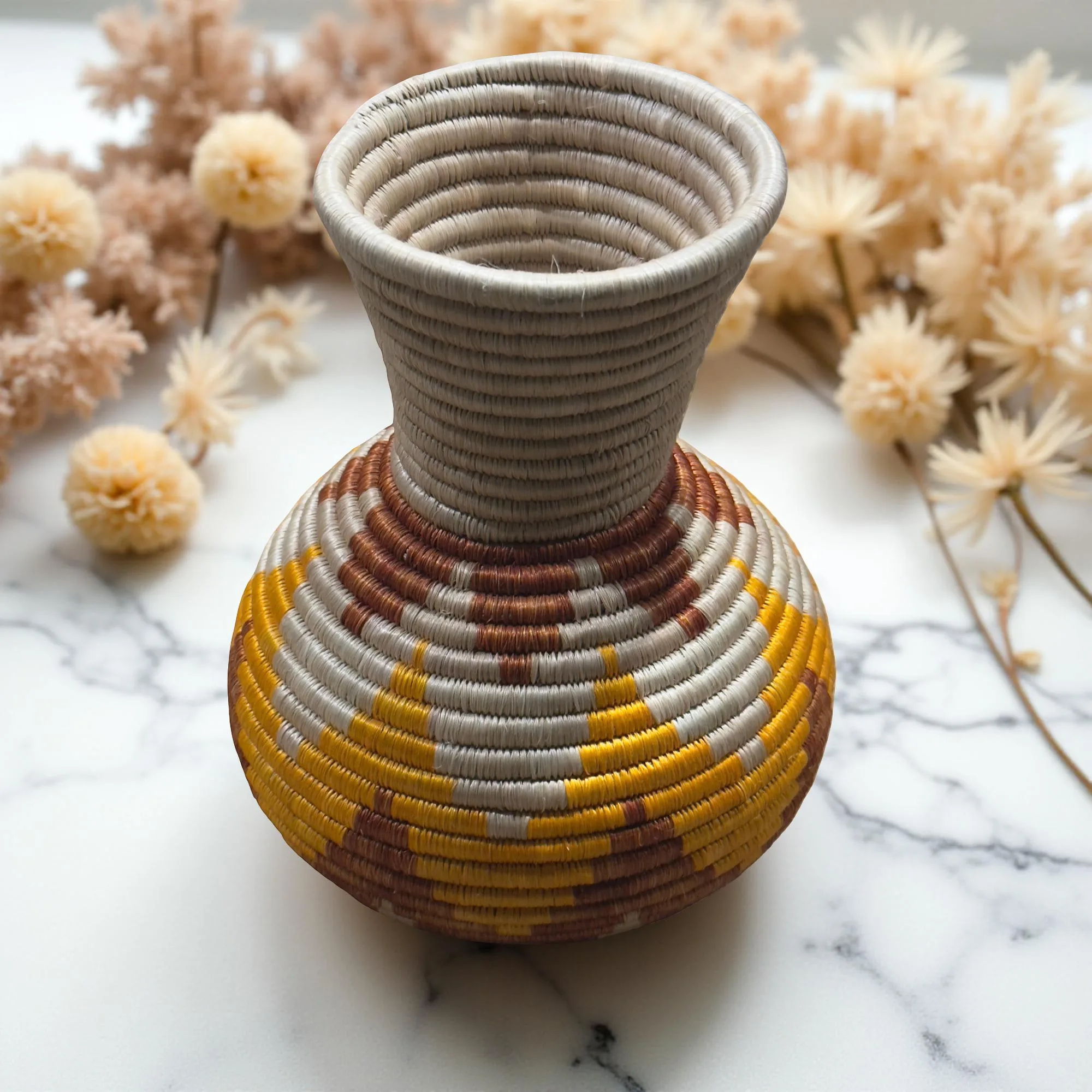 Handmade Sisal Basket Vase in Light Brown, Yellow, Natural with Floral Design