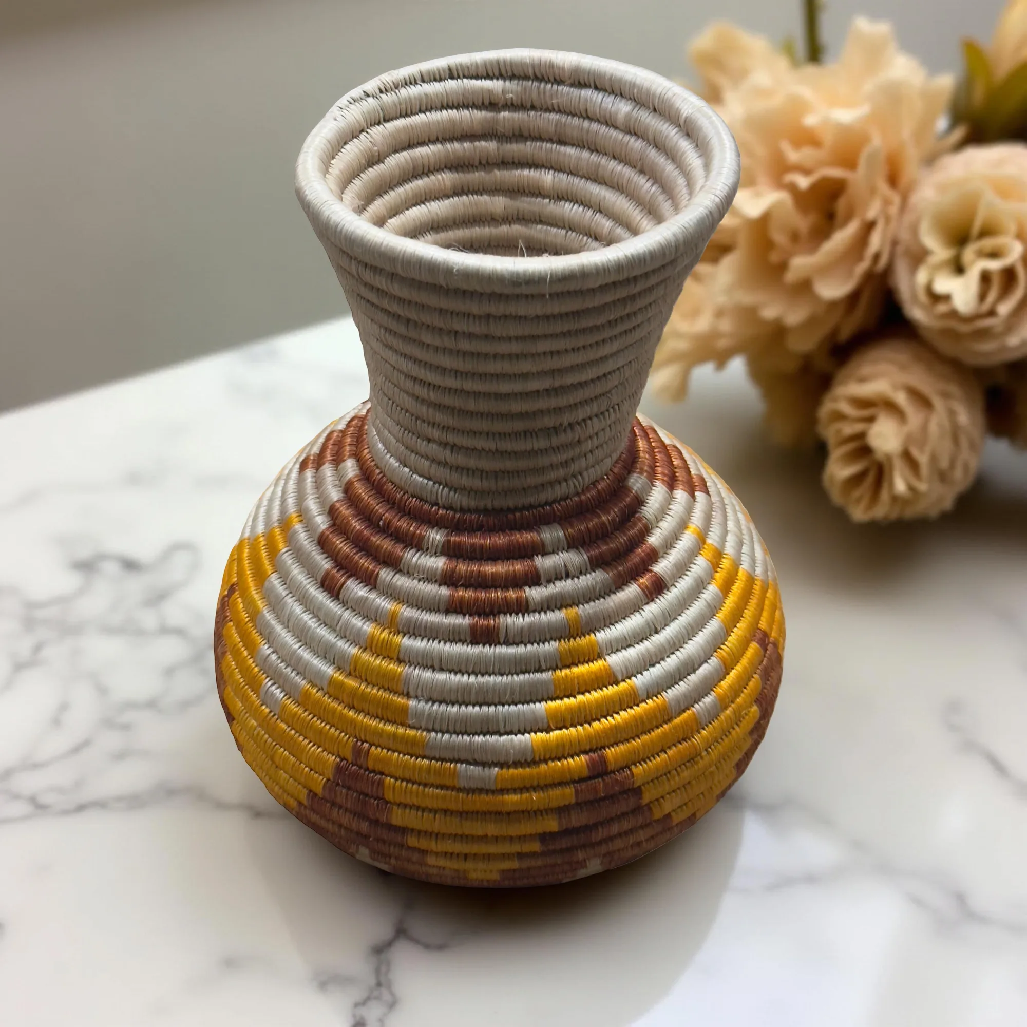 Handmade Sisal Basket Vase in Light Brown, Yellow, Natural with Floral Design - Image 2