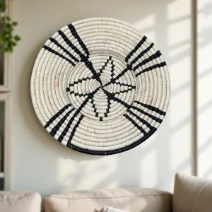 Natural, Black lines Handwoven African Raffia Plate Mat Basket in 21 inches Diameter