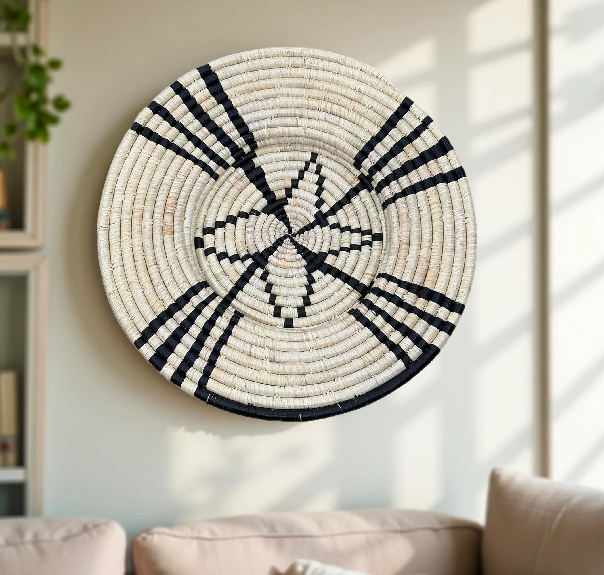 Natural, Black lines Handwoven African Raffia Plate Mat Basket in 21 inches Diameter