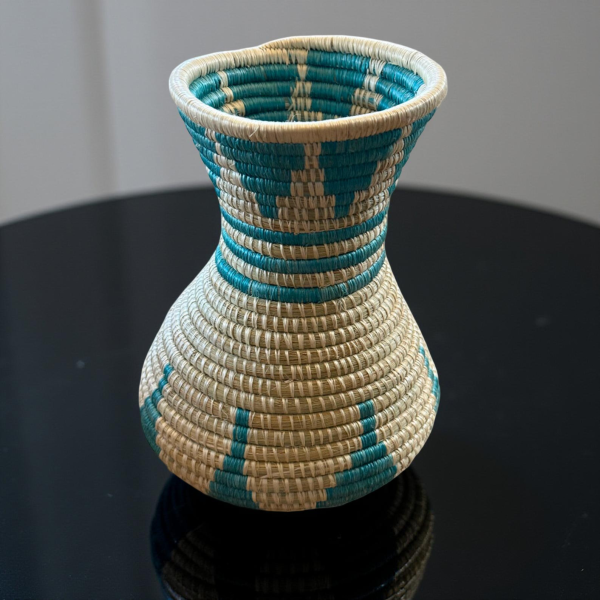 Handwoven Sisal Basket Vase in Teal and Natural Green Color with Geometric Design - Image 2