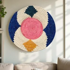 Handwoven African Raffia Basket Plate for Wall Hanging Decor in Blue, Pink with Green and Orange accents - 3 Sizes