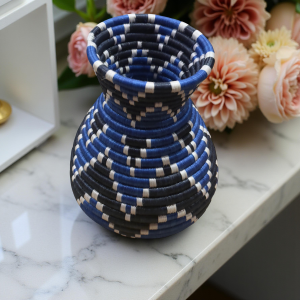 Handwoven Sisal Basket Vase, Blue & Black