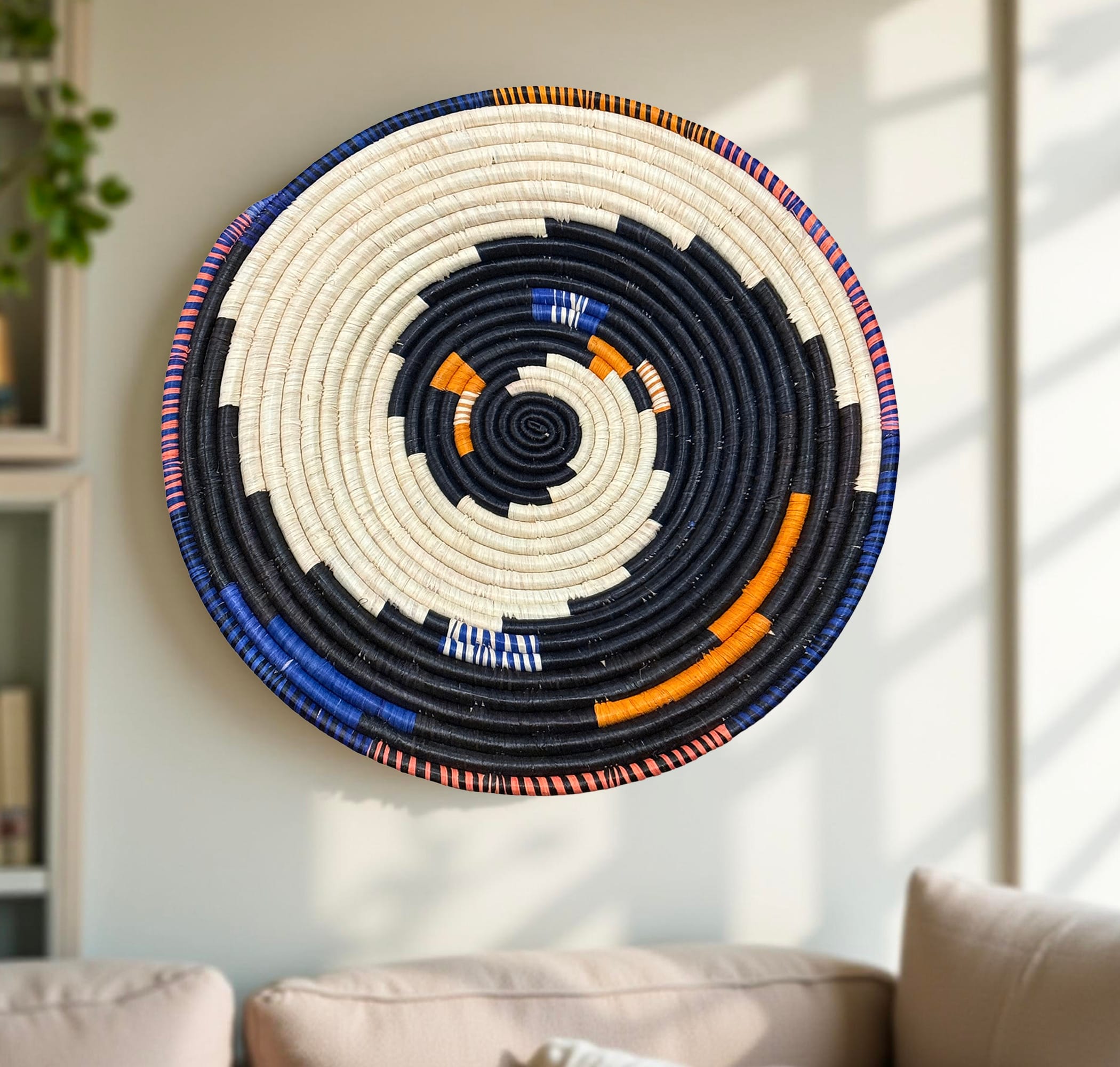 Handwoven African Raffia Basket Plate Mat for Wall Hanging Decor in Black, blue Plate Mat - 3 sizes