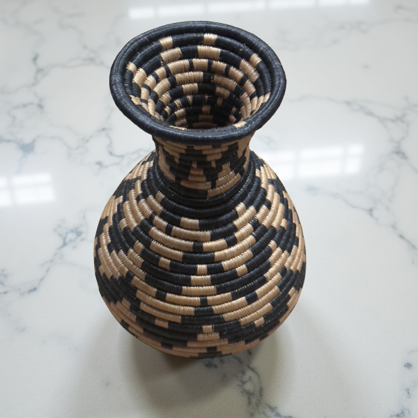 Handmade Sisal Basket Vase in Tan,Black with Wavy Design - Image 3