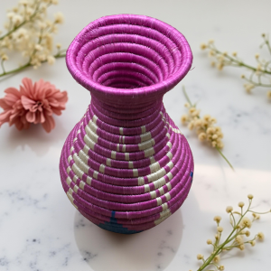 Handmade Sisal Basket Vase in Purple, Blue with White Accent