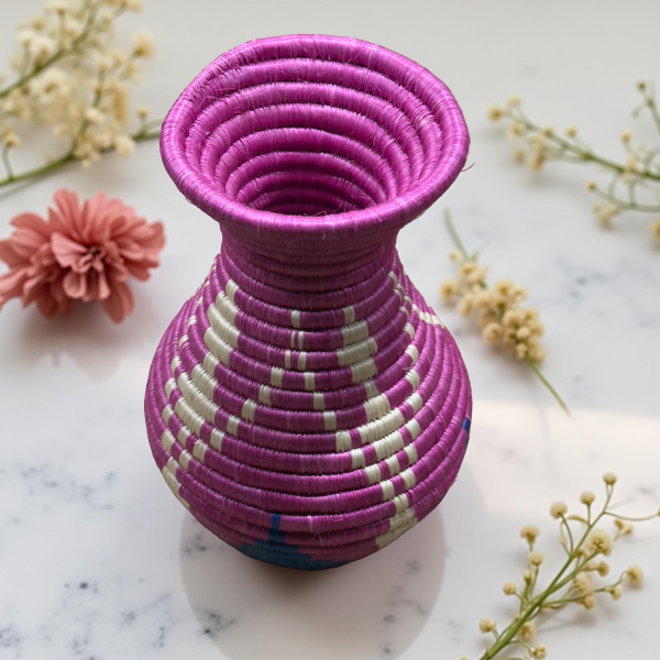 Handmade Sisal Basket Vase in Purple, Blue with White Accent