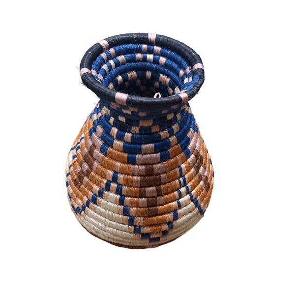Handwoven Sisal Basket Vase, Orange, Blue, and Black with Floral Design - Image 3