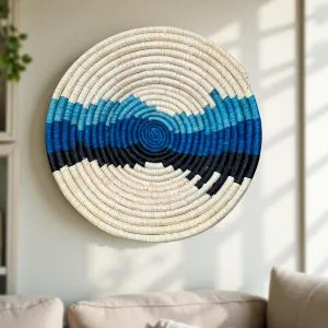 Handwoven African Raffia Wall Plate Baskets in Blue, Black, and Natural Hues - Various Sizes