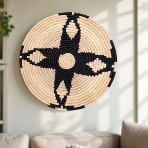 Handwoven African Raffia Wall Plate Mat in Black, Natural - 21 Inches Diameter