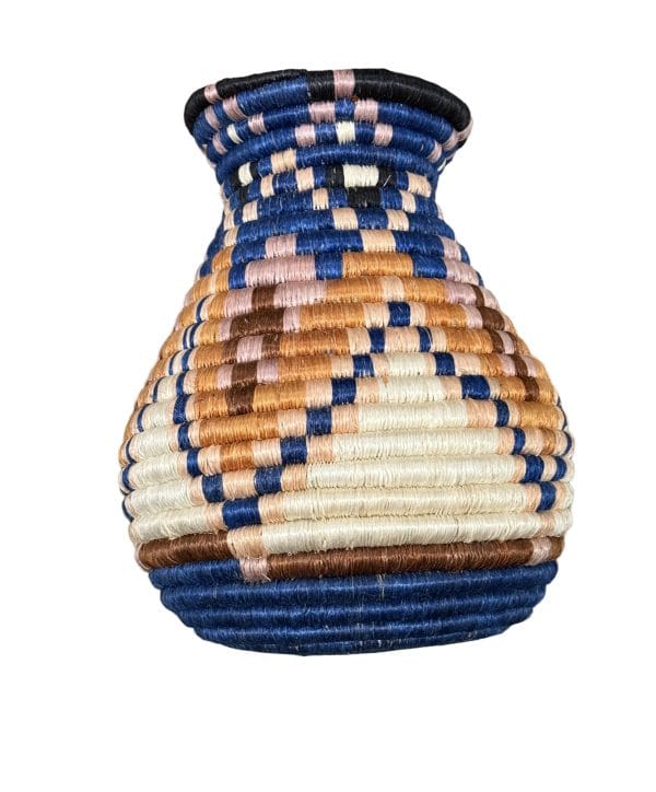 Handwoven Sisal Basket Vase, Orange, Blue, and Black with Floral Design - Image 6