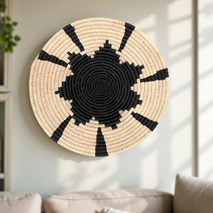 Natural and Black Flower Raffia Plate Mat Wall Hanging Decor - 4 Sizes