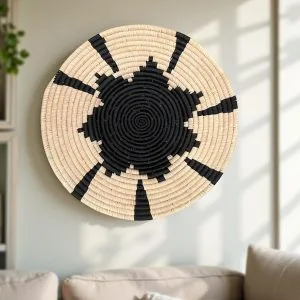 Handwoven Raffia Plate Mat Wall Hanging Decor in Natural and Black Flower - Various Sizes