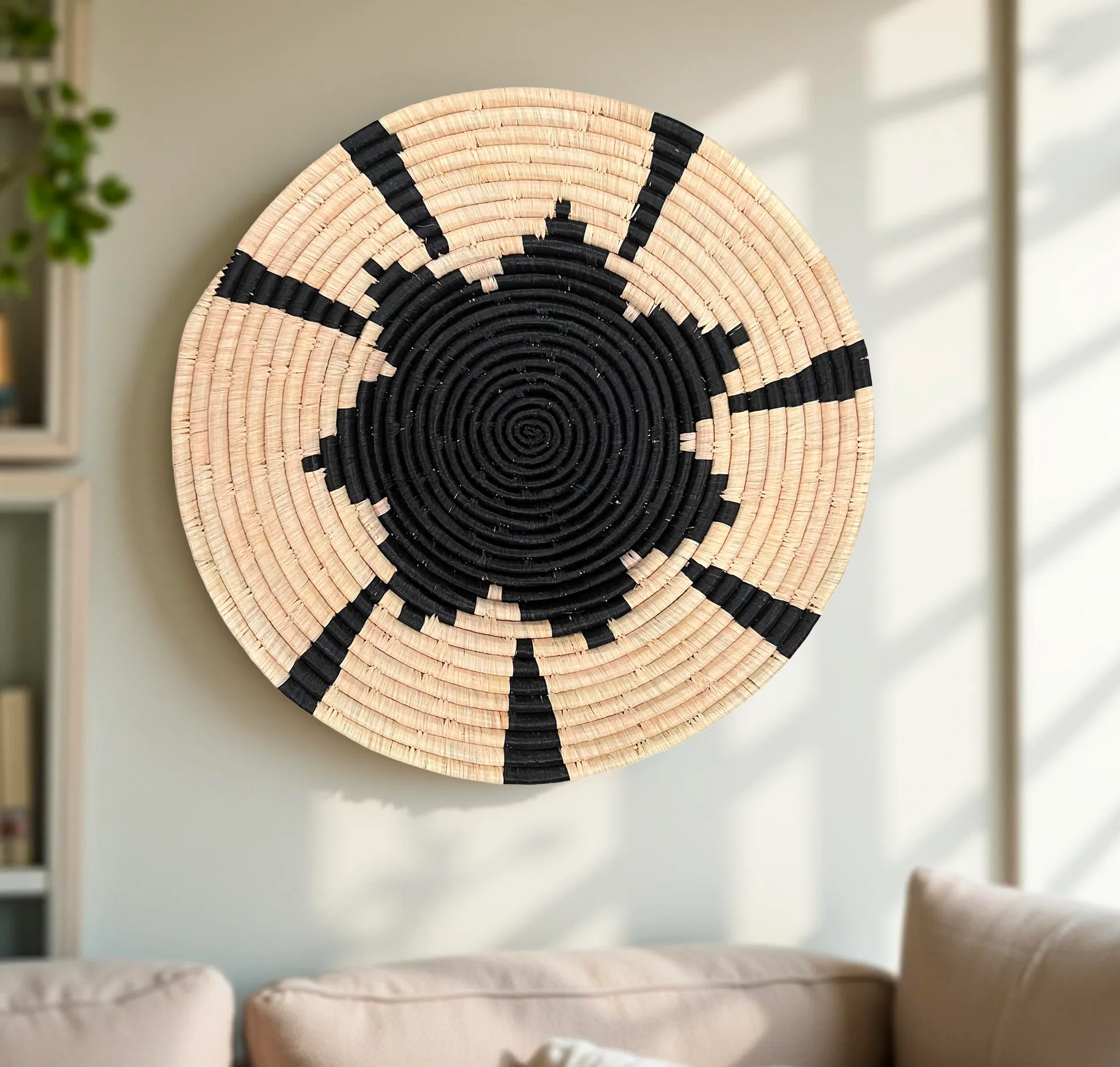 Handwoven Raffia Plate Mat Wall Hanging Decor in Natural and Black Flower - Various Sizes