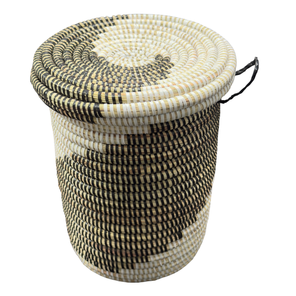 Handwoven,Lidded Senegalese Storage Basket with Handle, Ideal for Organizing Small Items - Image 9