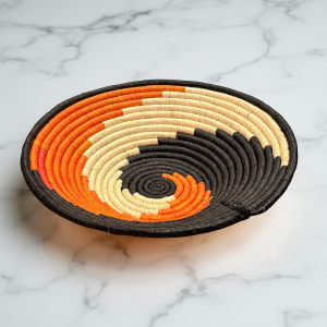 Handwoven Orange, Black, Natural Raffia Bowl - Various Sizes
