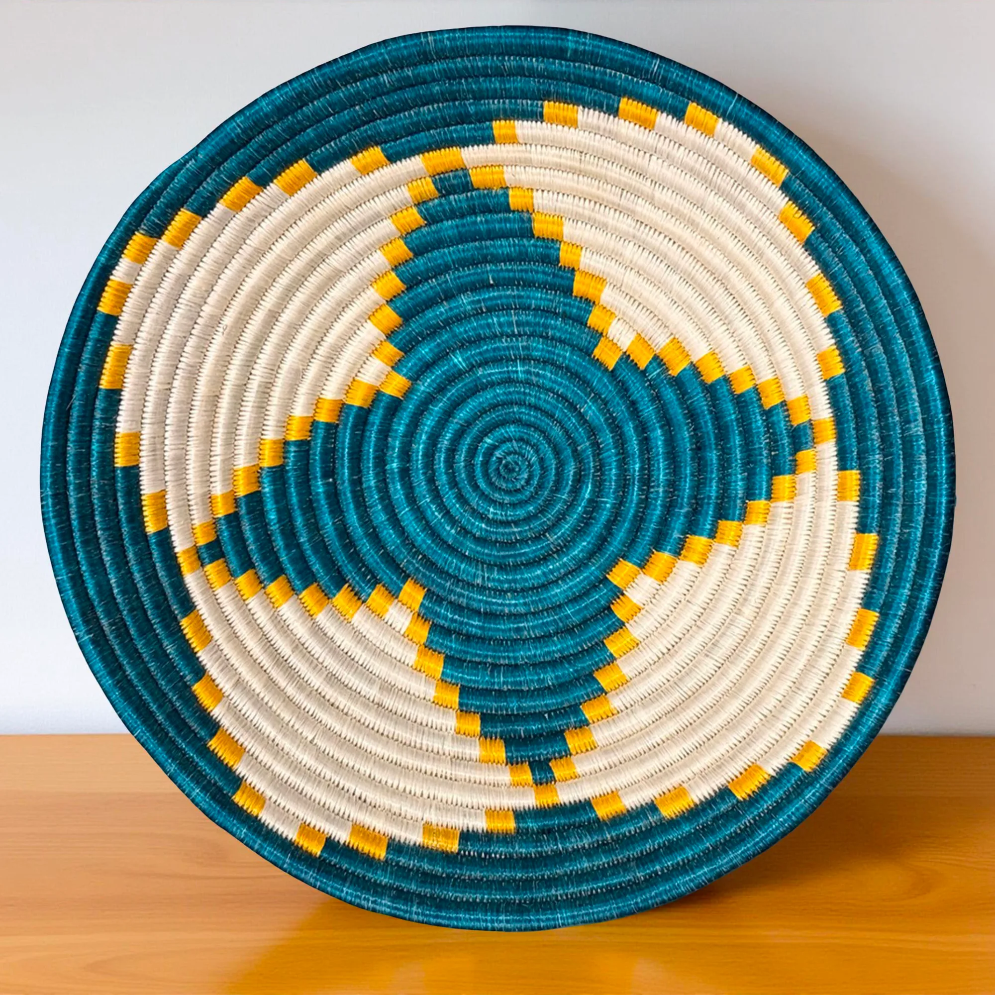 Teal,Yellow and Natural Basket Bowls in 12, 10, 8 Inches Diameter - Image 2