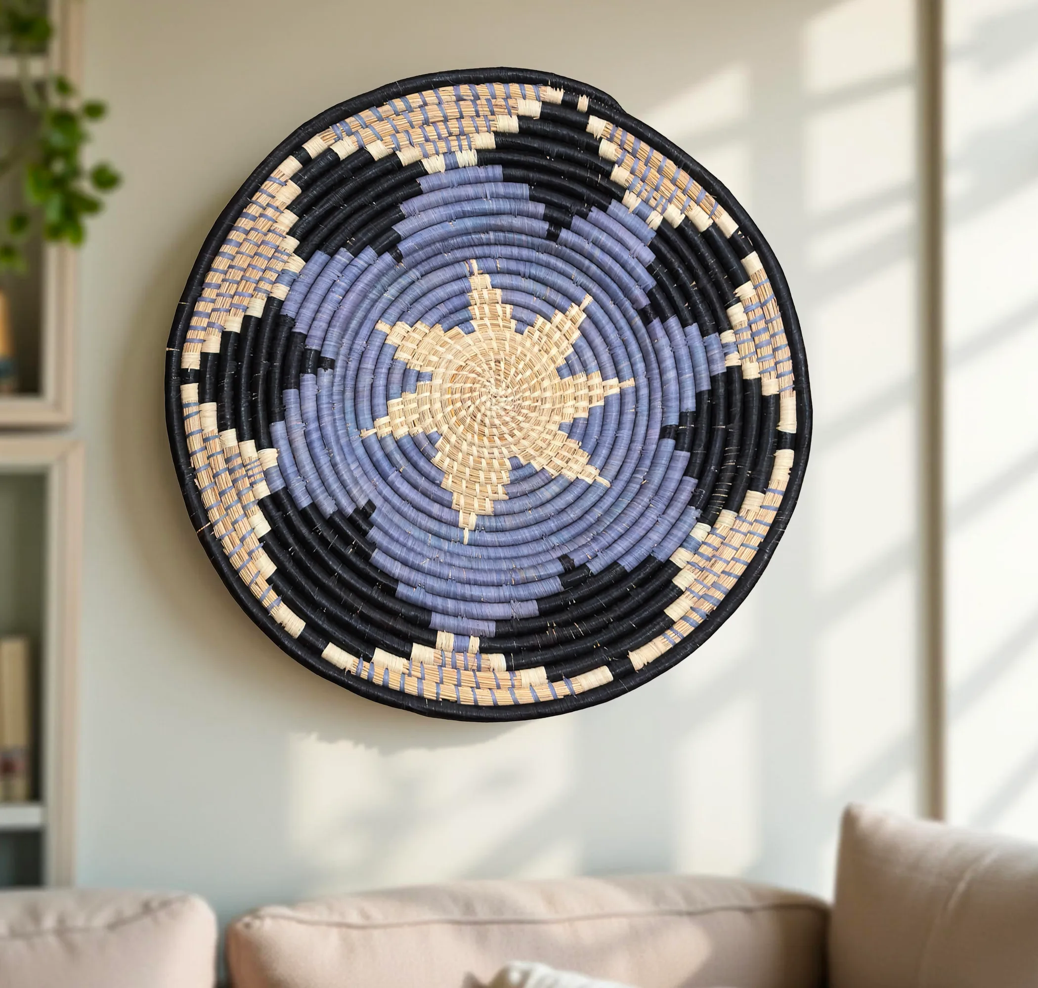 Boho Floral African Raffia Plate Mat Baskets in 21, 18, 16, 14 Inches Diameter