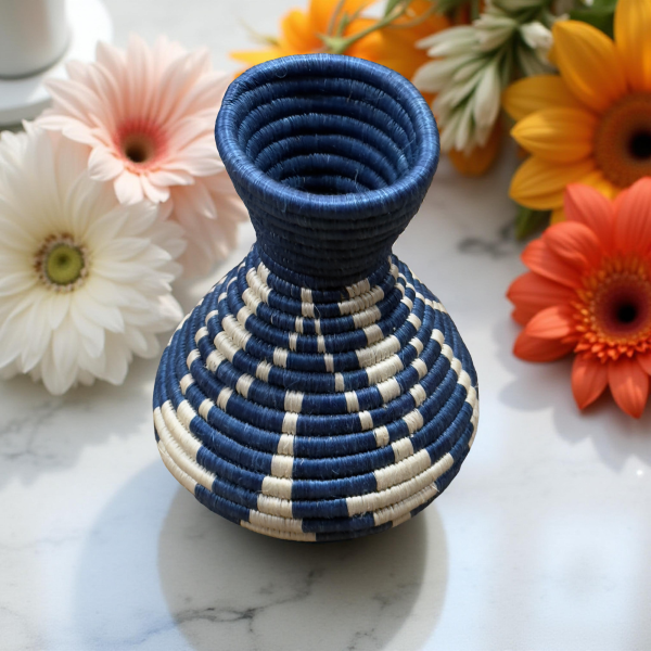 Handmade Sisal Basket Vases in Blue,Black with White Accent - Image 2