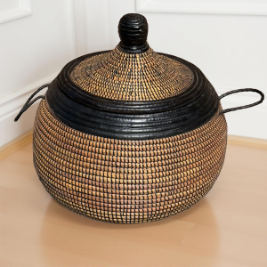 Large Lidded Senegalese Storage Belly Basket with Handle, Rice Straw & Recycled Plastic, Leather Trim, African Home Decor.