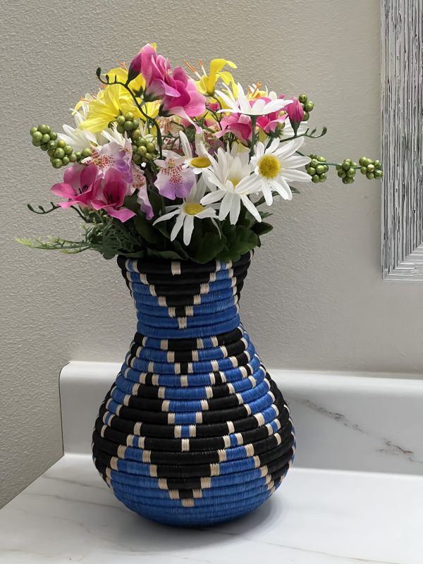 Handwoven Sisal Basket Vase, Blue and Natural Sisal - Image 9