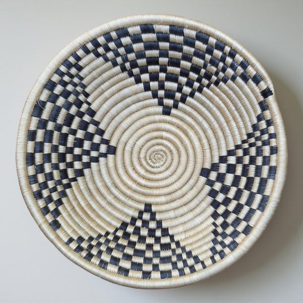 Tan and Black Sisal Basket Bowl with a 5 Petal Flower Design - 12 Inches