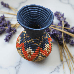 Handwoven Sisal Basket Vase in , Blue, Orange, Tan with Floral Design