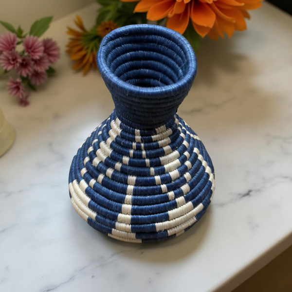 Handmade Sisal Basket Vases in Blue,Black with White Accent