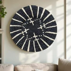 Handwoven AfricanRaffia Wall Plate Mat Basket in Black and Natural with Stripes - 21,18,16,14 Inches Diameter