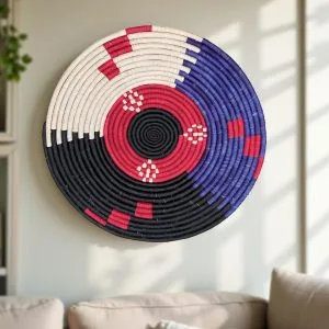 Blue, Red, Black, Natural Handwoven Afriacan Raffia Plate Mat Basket in 21 Inches Diameter