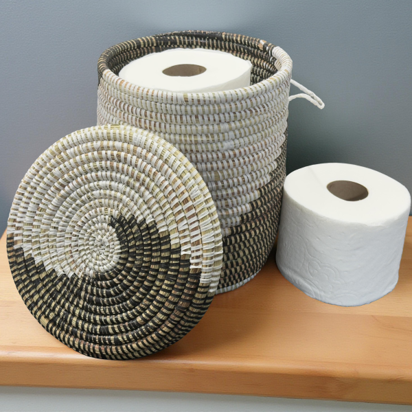 Handwoven,Lidded Senegalese Storage Basket with Handle, Ideal for Organizing Small Items - Image 2