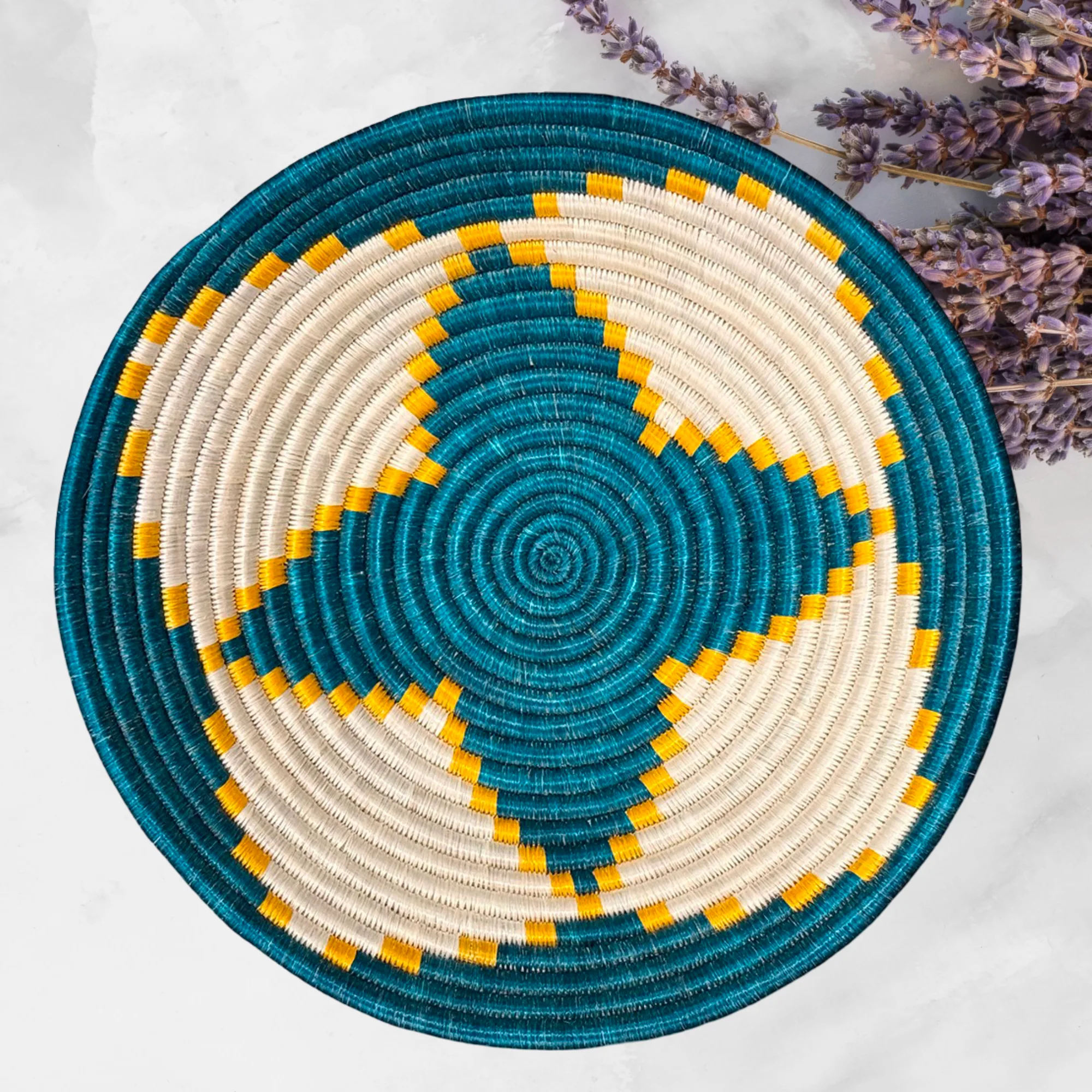 Teal,Yellow and Natural Basket Bowls in 12, 10, 8 Inches Diameter - Image 3