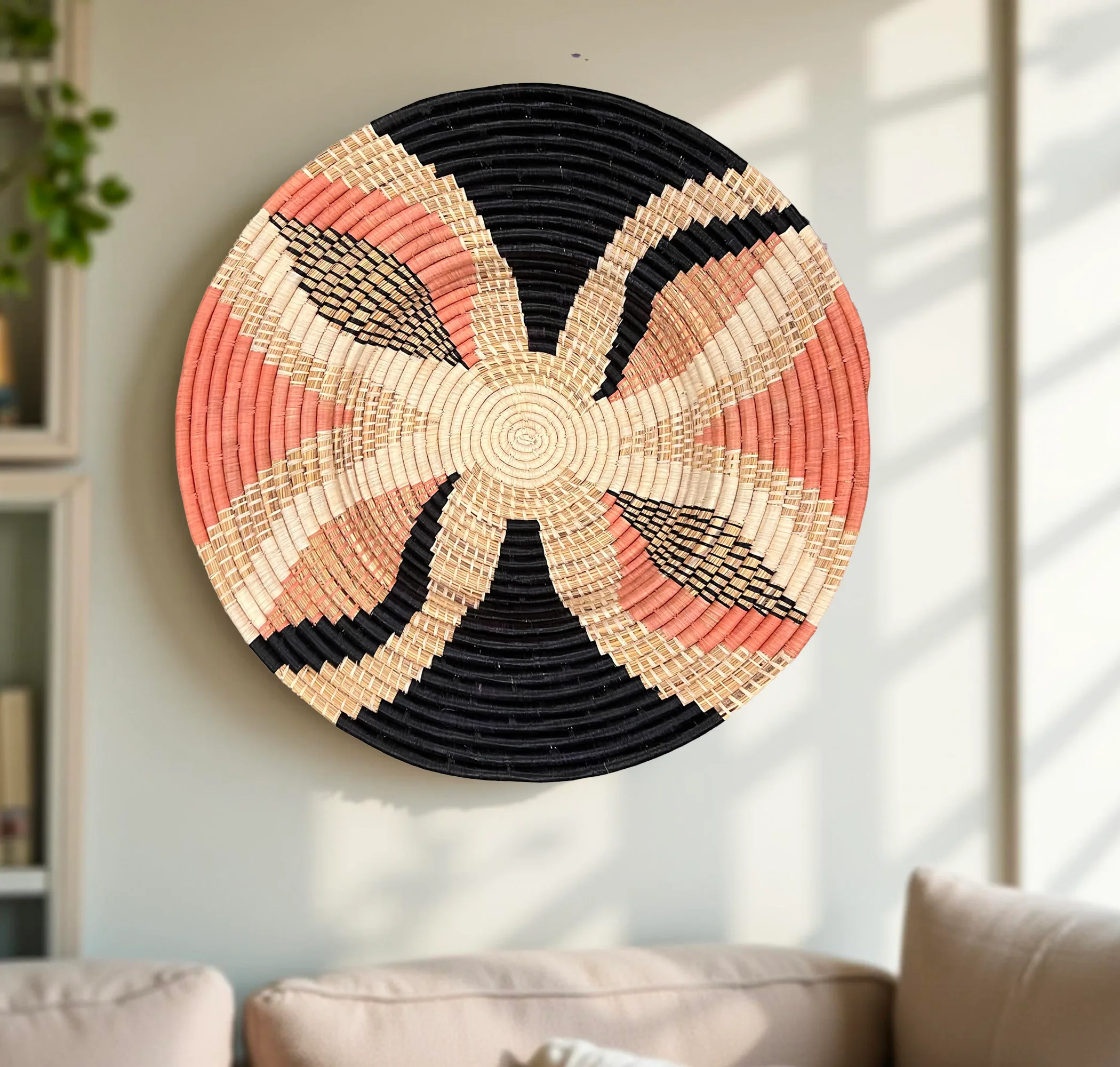 Pink, Black and Natural Raffia Wall Hanging Plate Mat Basket - Various Sizes